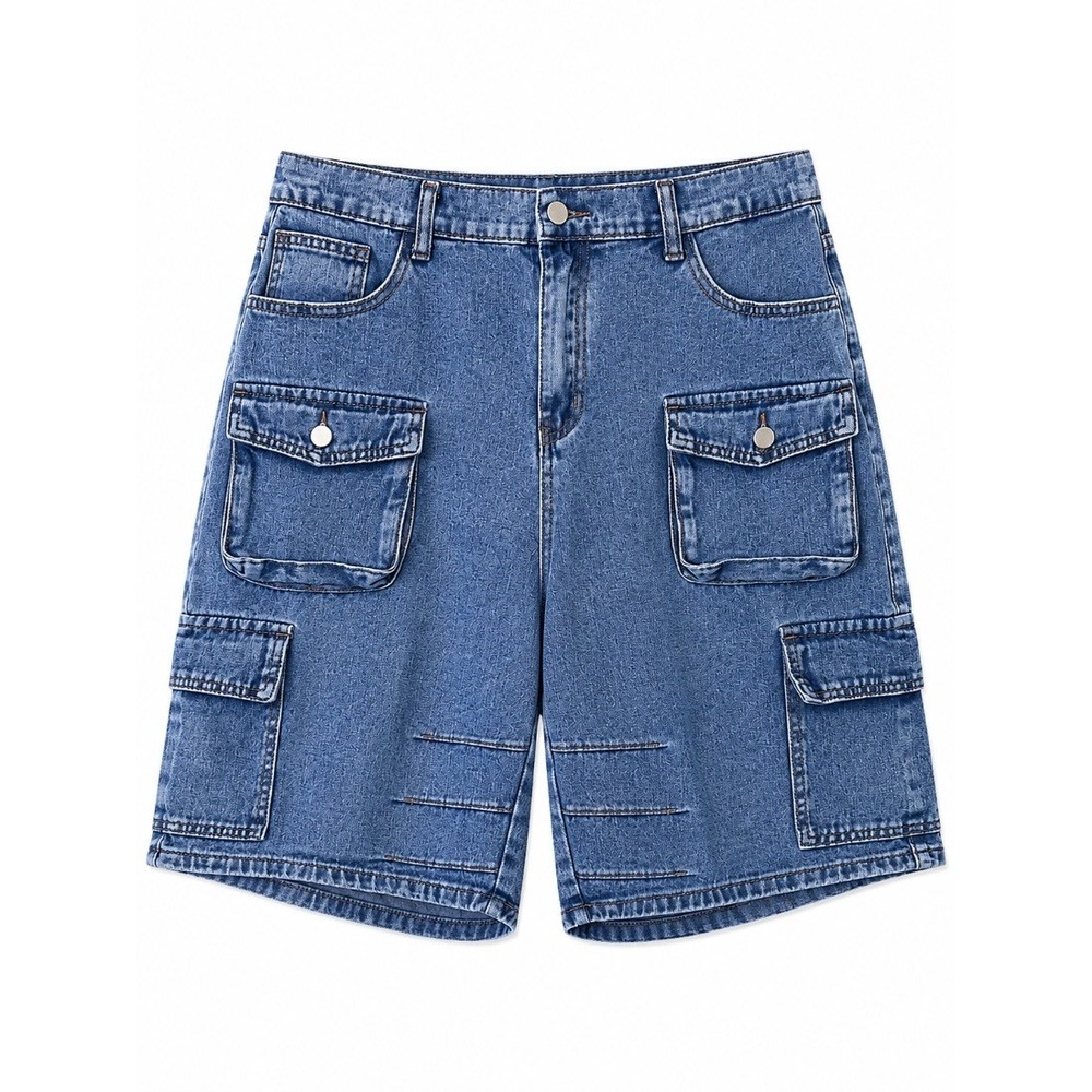 SHEIN Curve Plus Size 1XL Blue Denim Cargo Shorts Multi Pocket High Rise
